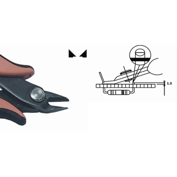 Cutting component wires 1,5 mm from the surface. Steel thickness 3.0 mm. Tool length 138 mm. Copper wire 1.30 mm – CP-TR3015D