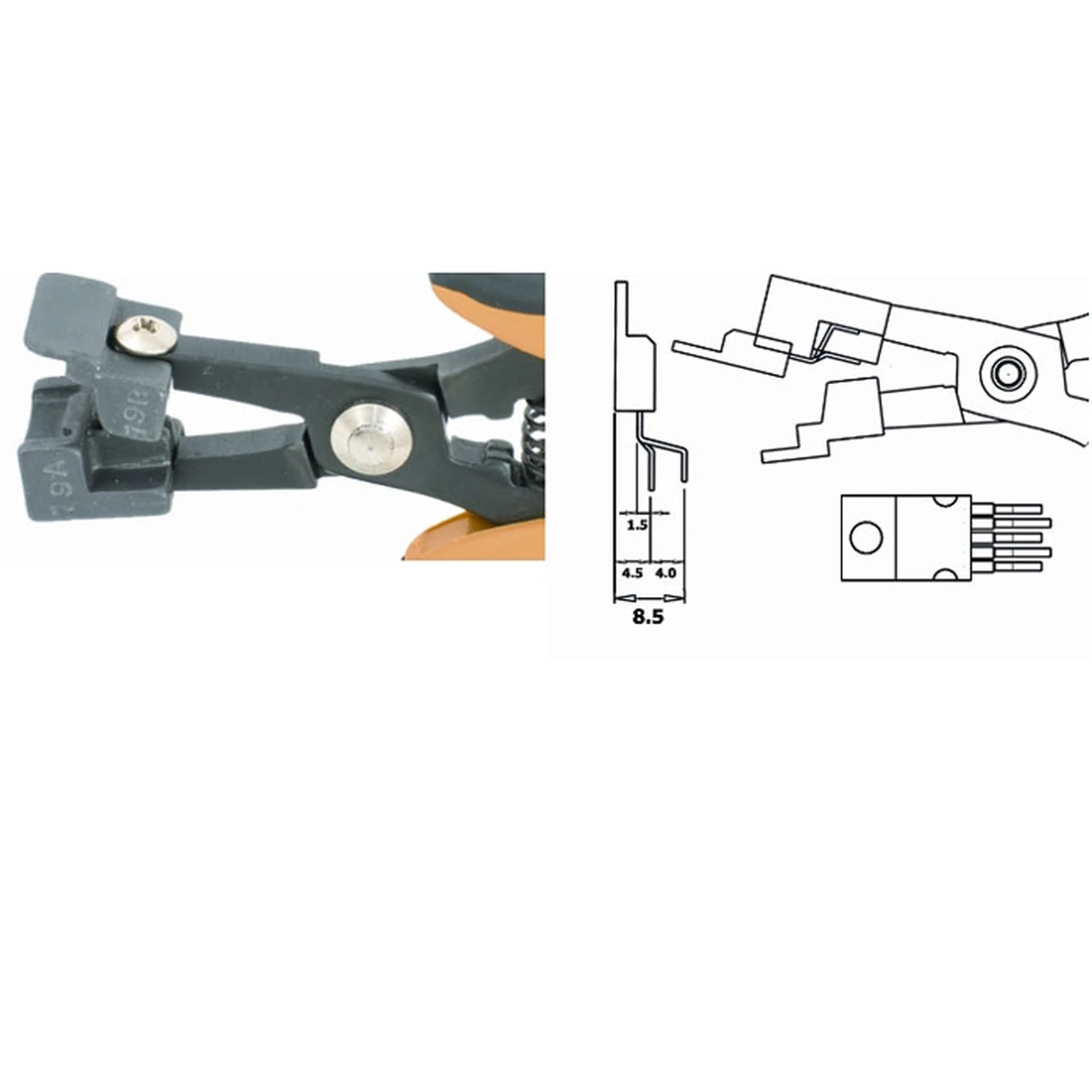 Designed to form the 5 component leads of TO 220. Leads 1-3-5 at 4mm and leads 2-4 at 1.5mm, 1,5mm pitch – CP-PN5050-19D