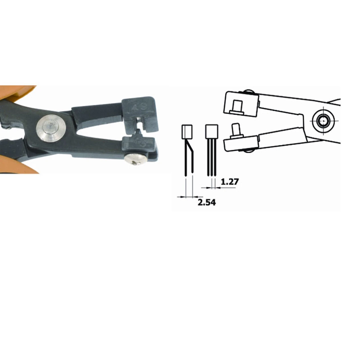 Forms the central lead of TO92 at 2,54mm pitch. ESD. Steel thickness 5.0mm. Tool length 158mm – CP-PN5050-49D