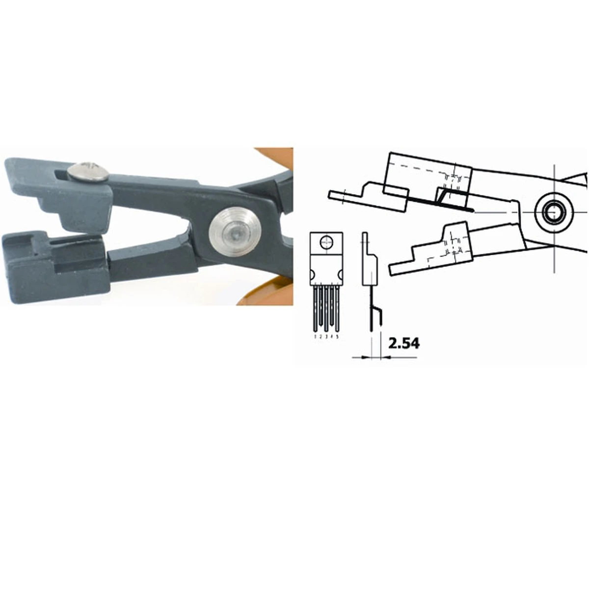 Forming of component leads 2-4 of TO 220 at 2.54mm pitch. ESD. Steel thickness 5mm, Tool length 158mm – CP-PN5050-53D