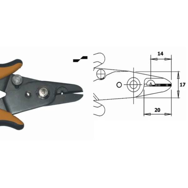 Shear-wire stripper to cut Kevlar® and to strip optic fibres. Adjustable from Ø 0.2-1.0mm. Length 148mm – CP-CCS-11-NB