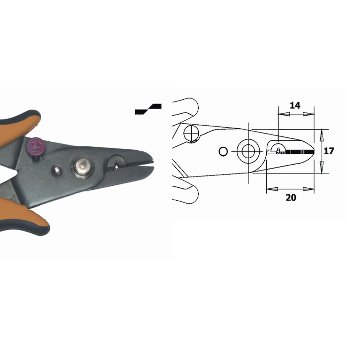 Shear-wire stripper to cut Kevlar® and to strip optic fibres. Fixed at Ø 0.18mm. Length 148mm – CP-CCS-18-NBD