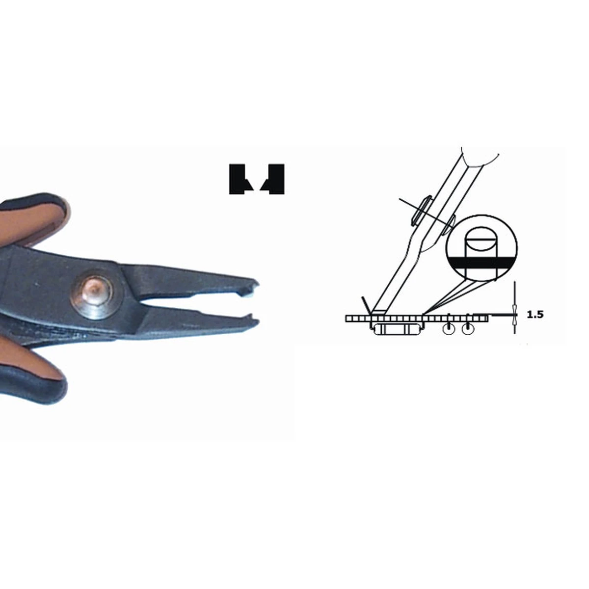 Cuts the component lead at 1.5 mm from the surface. Steel thickness 3.0mm. Tool length 144mm. Copper wire 1.02 mm – CP-TR3015VD
