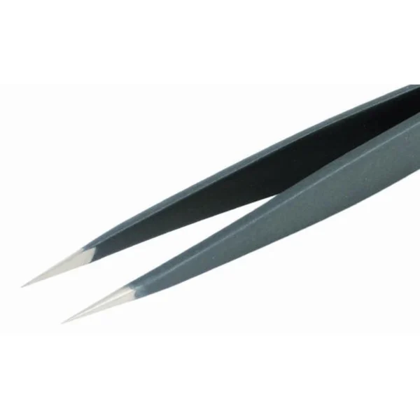 Tweezers with strong tips and thin blades, ideal for microelectronic applications. Length 120mm, ESD – CP-3-ESD