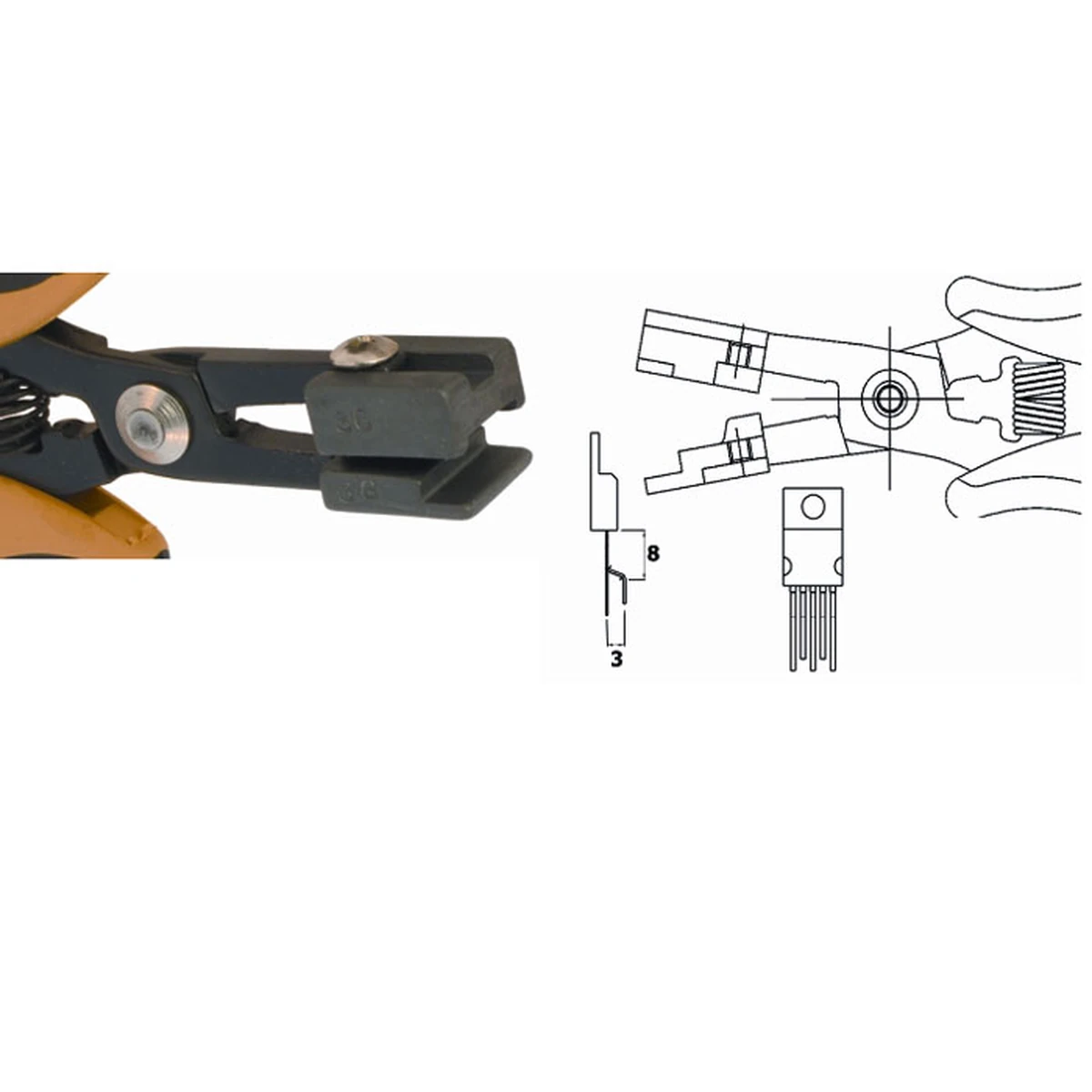 Zange zum Umformen von Stiften 2-4 von TO 220, Raster 3 mm. ESD. Klingenstärke 5,0 mm. Länge 158 mm. – CP-PN5050-36D